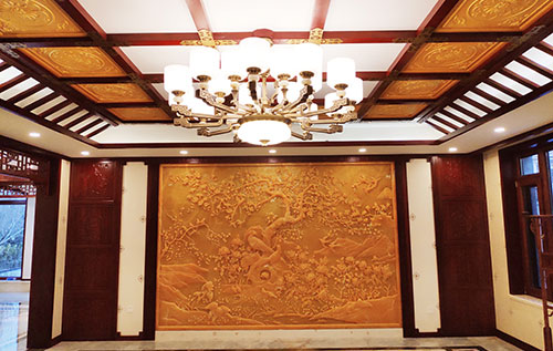 那曲中式别墅客厅中式木作横梁吊顶装饰展示